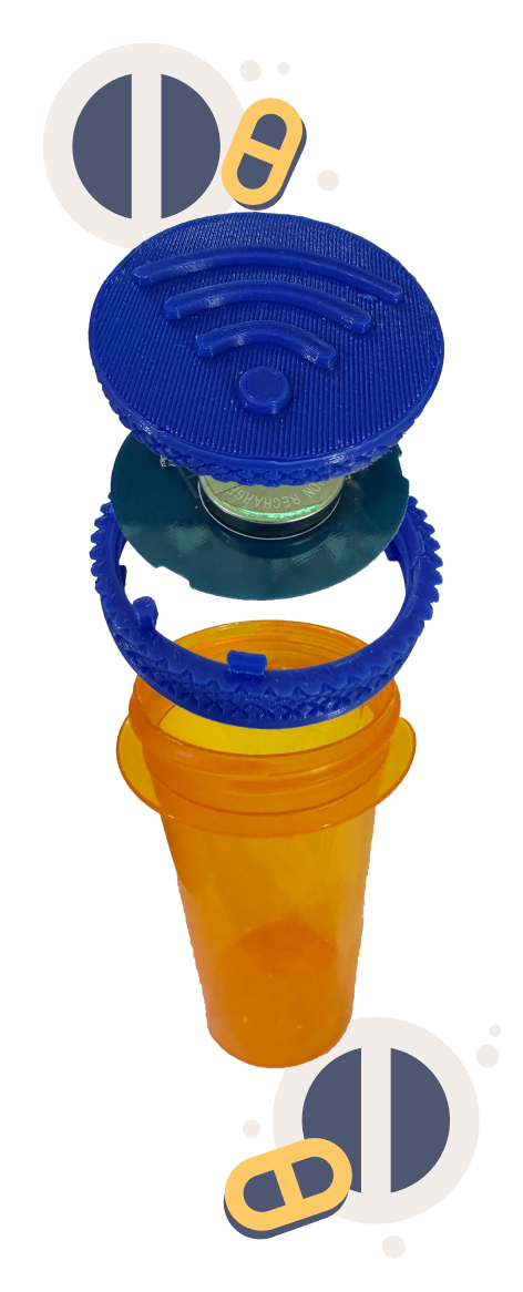 Image of a medicine bottle with a pillcap atop of it. The pill cap is expanded into multiple parts. Bottle is surrounded by graphics.