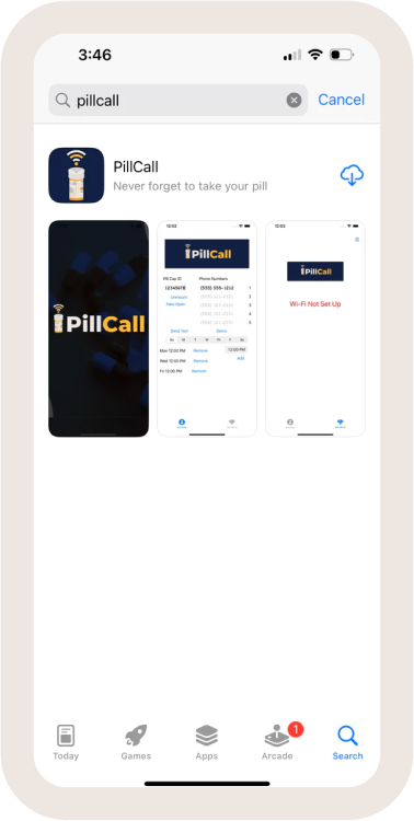 image of an iphone. On the screen is a screenshot of the PillCall app in the app store.