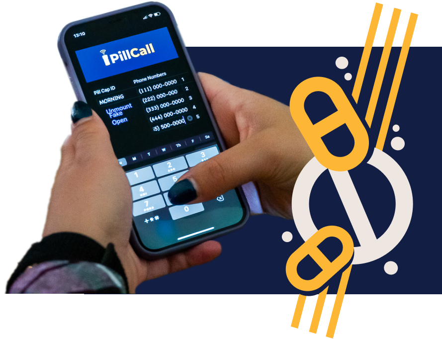 image of a hand holding a phone. On the screen is the the PillCall app. Photo has graphics surrounding it.